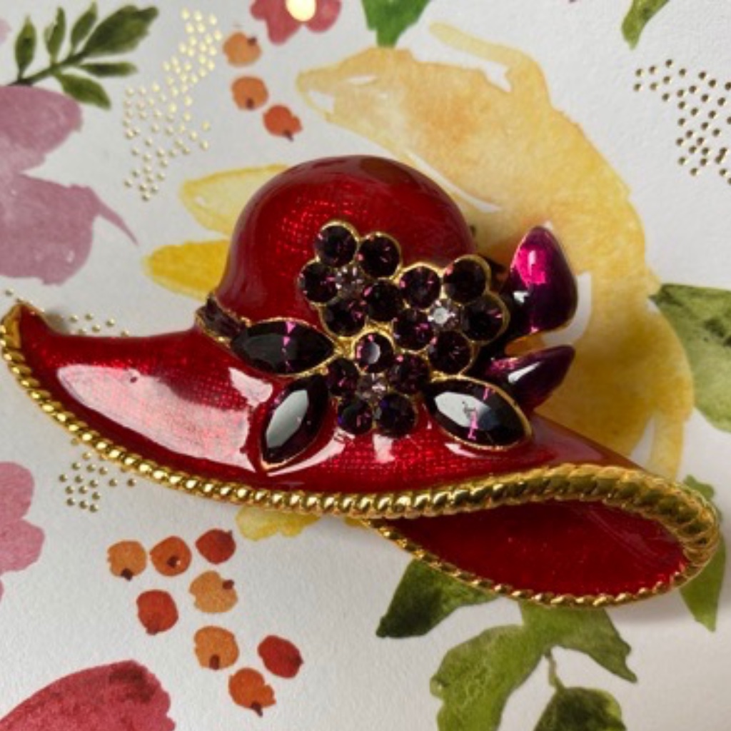Vintage Red Hat Society Brooch/Pendant Enamel Floral